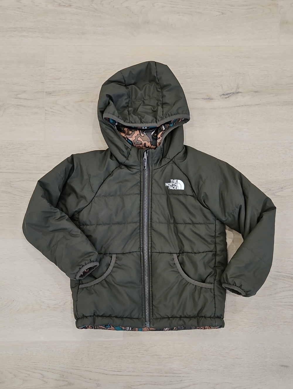 The North Face Olive Green Kids Hooded Puffer Jacket